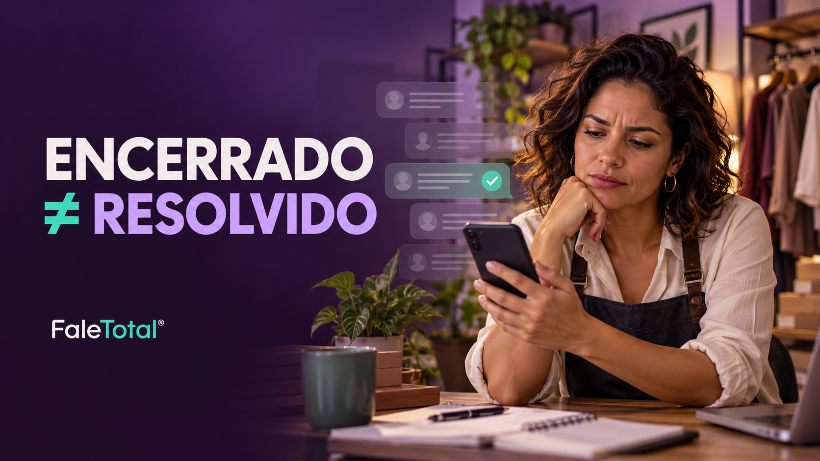 Cliente observa o celular ao lado da chamada: encerrado não é igual a resolvido.