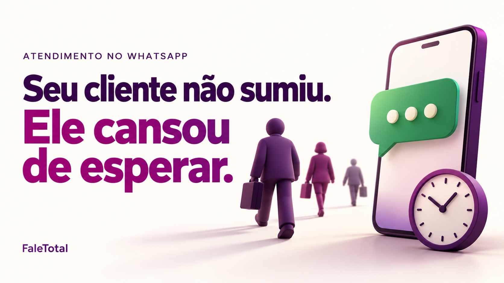 Ilustração de pessoas se afastando de um celular com mensagem em espera, representando o abandono silencioso no atendimento pelo WhatsApp.