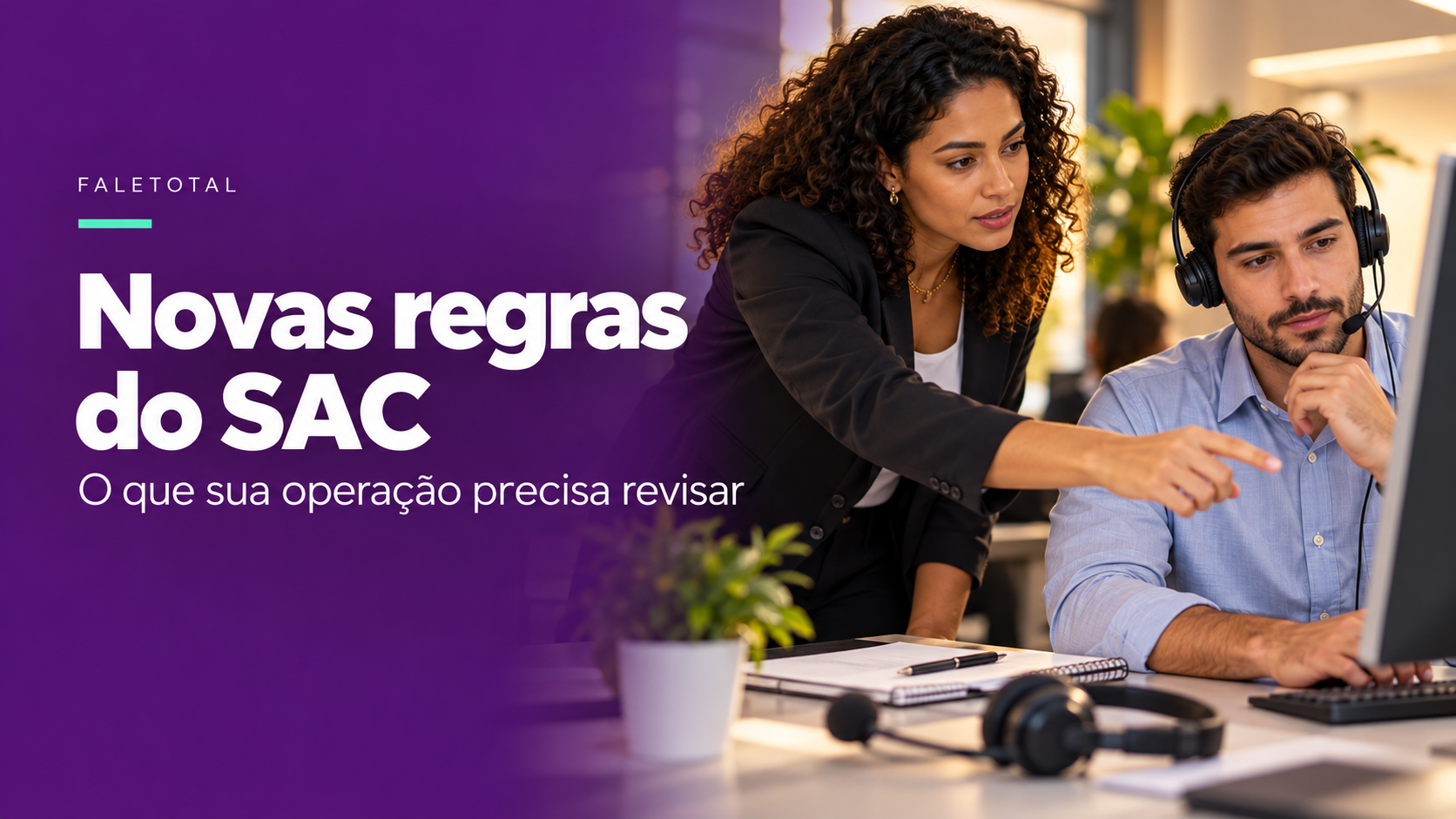 Equipe de atendimento com headsets e checklist, com a chamada Novas regras do SAC. O que sua operação precisa revisar.